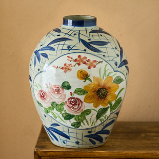 景德镇原创手绘青花大号花卉新中式陶瓷玫瑰花瓶不漏水鲜切花器