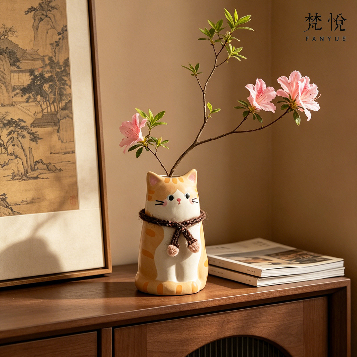 手艺人可爱猫咪水培鲜花陶瓷花瓶图片
