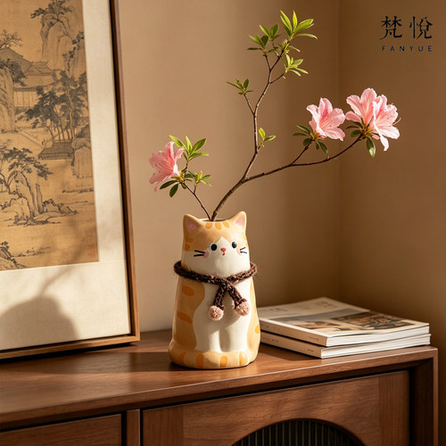 手艺人可爱猫咪水培鲜花陶瓷花瓶