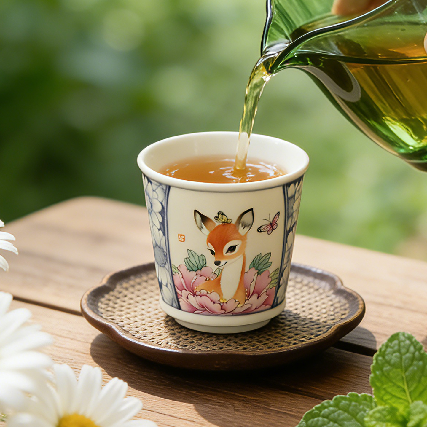 景德镇陶瓷复古茶杯手工手绘小鹿中古风斗彩功夫茶主人品茗杯水杯