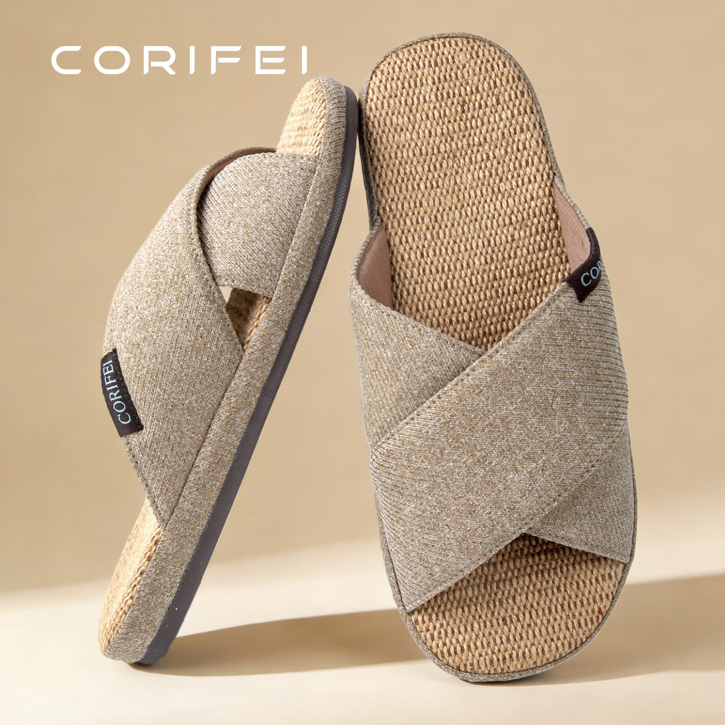 家丽芙简约风亚麻拖鞋男士四季室内家居防滑软底棉麻交叉带凉拖鞋