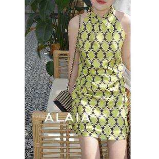 Gus 改良旗袍上衣连衣裙削肩显瘦绿色显白仿真丝缎面 春夏新款