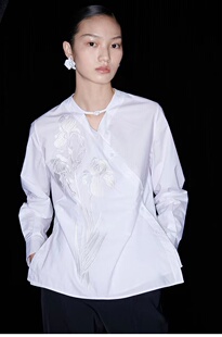 刺绣斜门襟盘扣白色衬衫 Gus 春夏新款 新中式 上衣 清仓款
