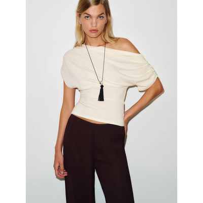 Gus 26ss/甜美风斜肩粉色针织T恤女修身温柔淡粉色上衣