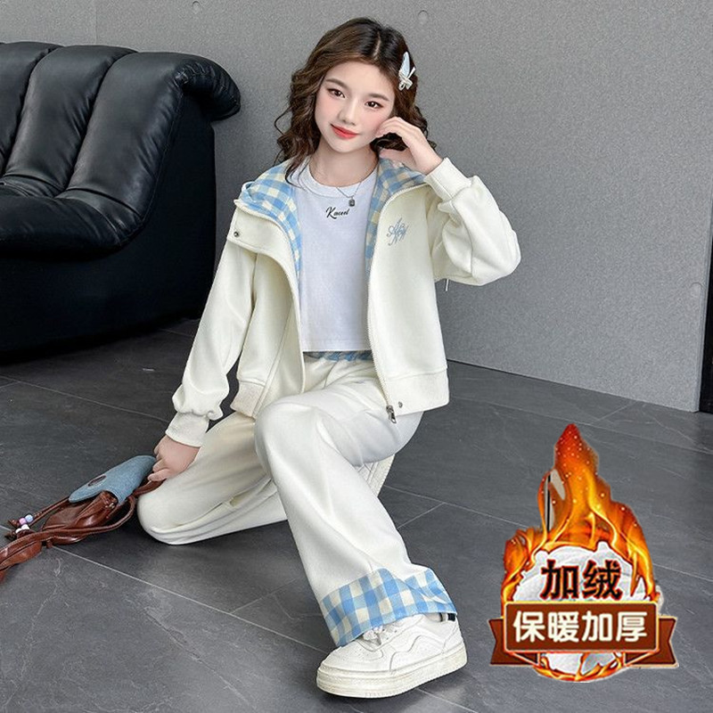 女童秋季休闲套装新款儿童洋气开衫加绒棉外套女秋冬阔腿裤两件套