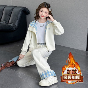 女童秋季休闲套装新款儿童洋气开衫加绒棉外套女秋冬阔腿裤两件套