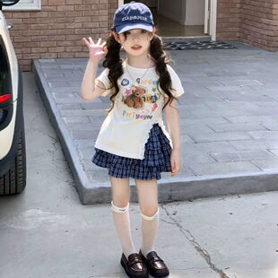 女童夏装短袖T恤格子蛋糕裙套装新款宝宝洋气开叉上衣短裙两件套