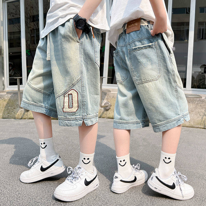 男童休闲字母牛仔短裤夏季薄款儿童夏装牛仔七分裤中大童宽松帅气