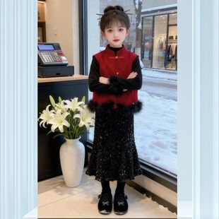 女童拜年服套装冬装新中式国风红色新年衣服公主裙套装儿童过年服