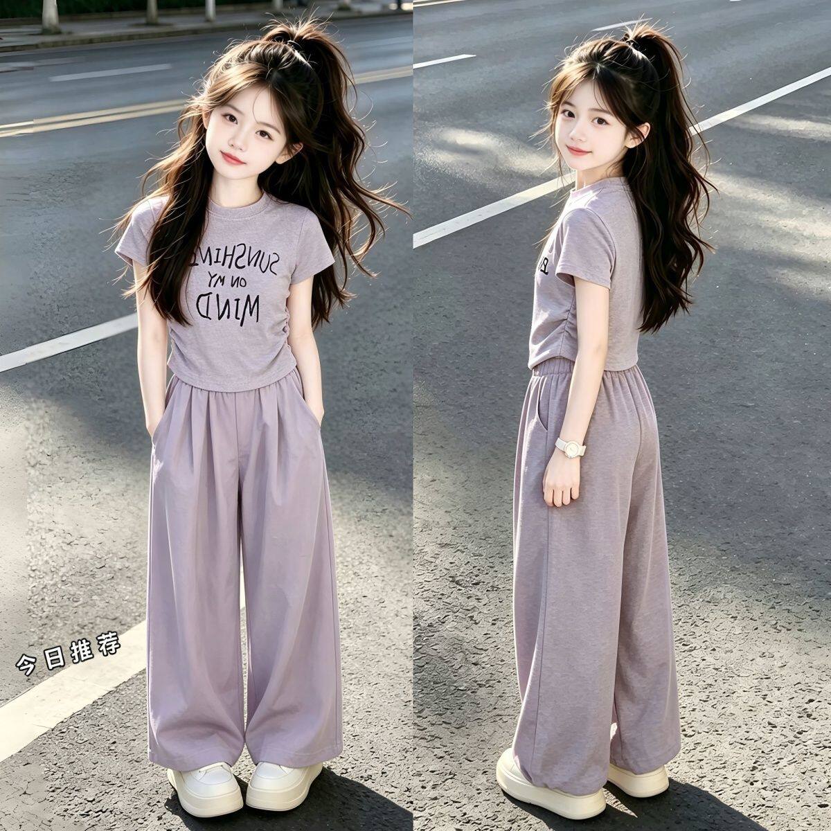 2026女童夏季新款套装儿童洋气紫色字母上衣短袖休闲阔腿裤两件套