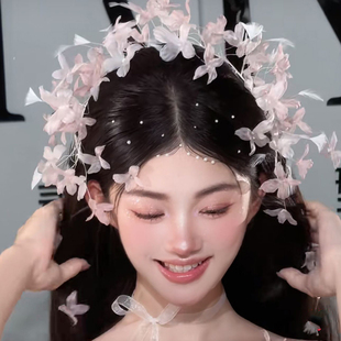 新款 森系渐变粉色长尾花发箍新娘头饰超仙结婚纱造型配饰大气高级