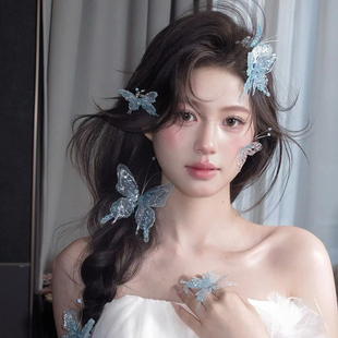 康康新款老师同款超仙发夹新娘蝴蝶头饰晨袍晚礼服高级婚纱配饰品