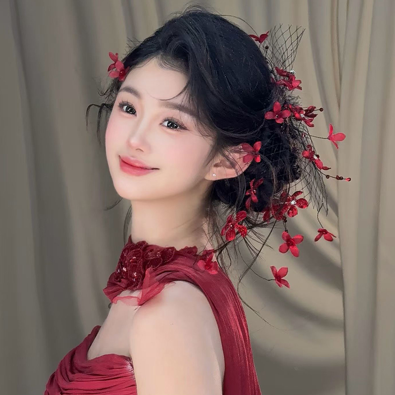 超仙森系花朵韩式减龄走秀红色