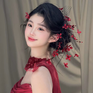新娘头饰森系超仙花朵红色婚纱晨袍礼服韩式 减龄发饰走秀晚宴配饰