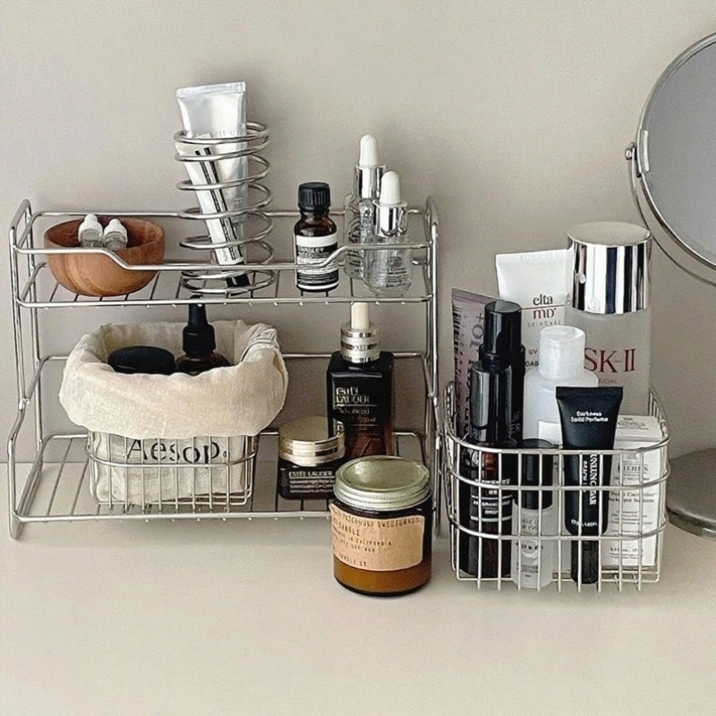 桌面化妆品置物架不锈钢家用洗漱台宿舍梳妆台收纳筐香水展示架