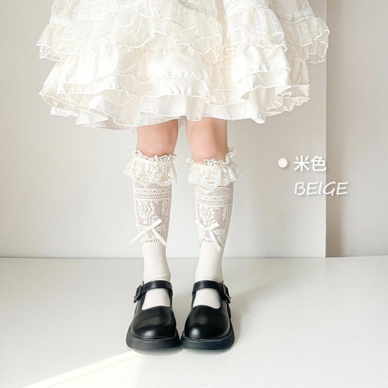 女童长筒袜夏季薄款儿童洛丽塔蕾丝花边公主袜子宝宝小腿JK长袜