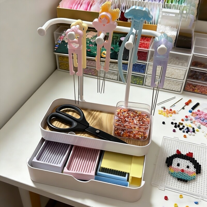 拼豆工具收纳层架双层手工diy豆铲豆针豆笔多功能桌面整理置物架
