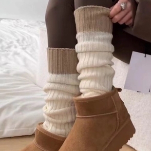 撞色毛线袜筒袜套配雪地靴堆堆袜鲨鱼裤套袜小腿推推袜女秋冬长筒