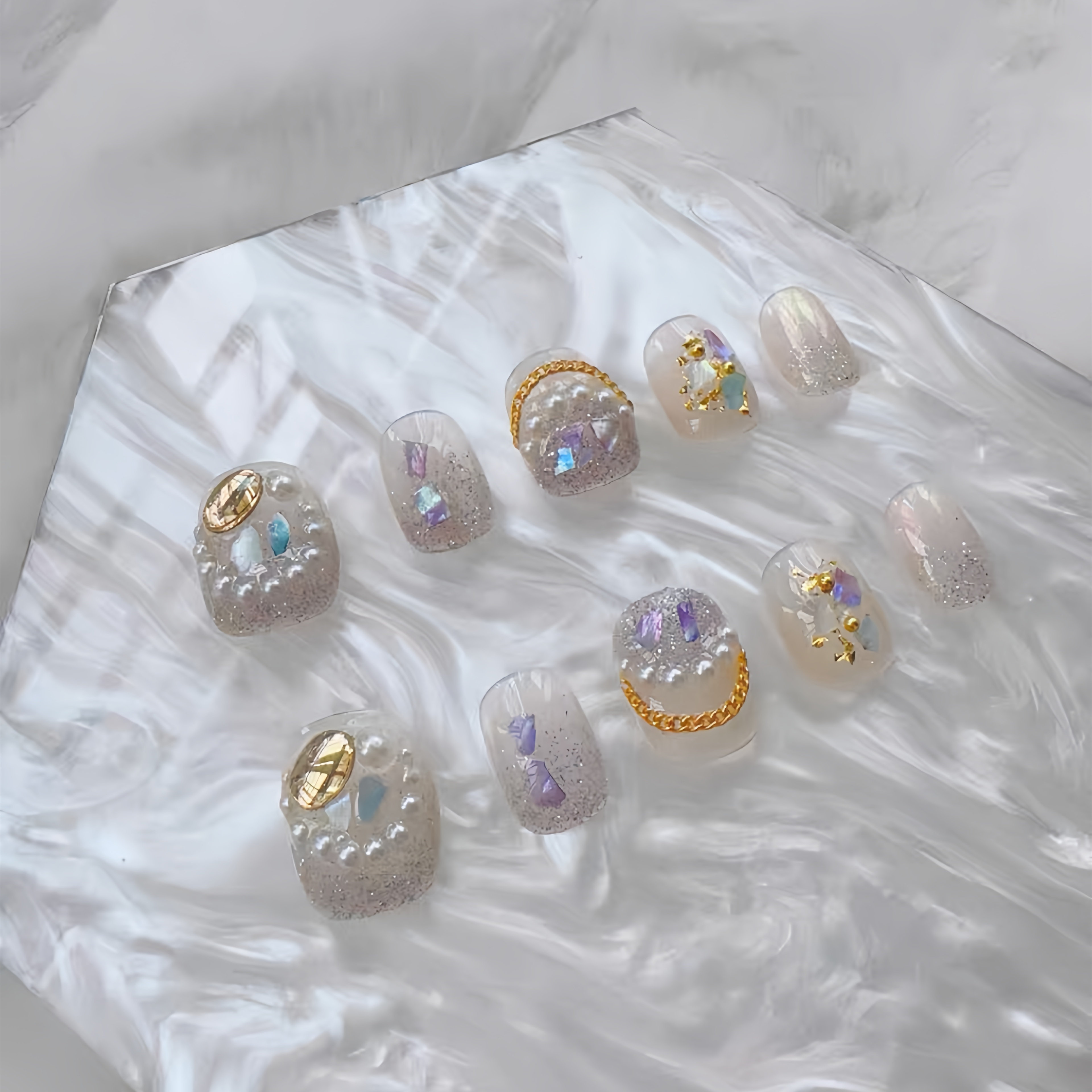 钻石珍珠链条巴洛克风穿戴美甲成品贴片短款指甲贴片学生甲片新娘