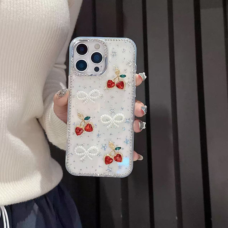 樱桃闪粉水钻苹果17pro max手机壳批发 适用iPhone 16 11 12 13 14 15 plus卡通保护男星星新款蝴蝶结全包女