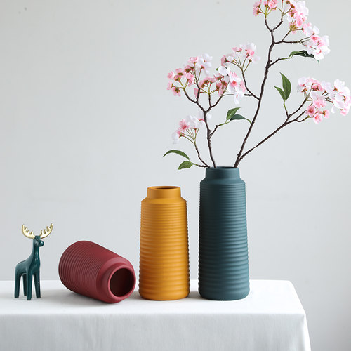 彩色陶瓷花瓶配跳舞兰仿真花假花干花束客厅餐桌装饰家居花艺摆件