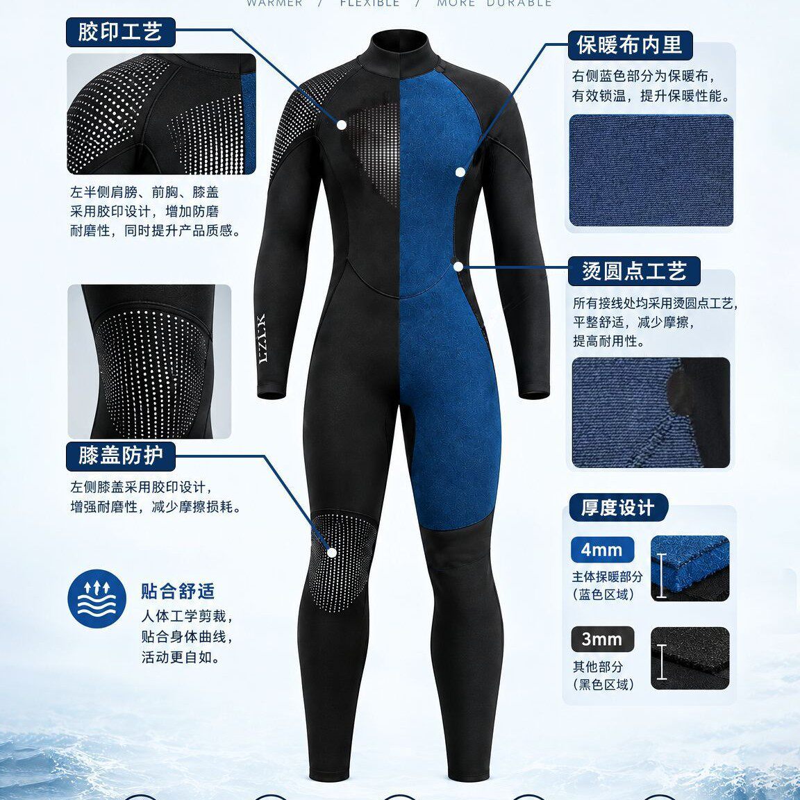 男款4/3mm台湾南良CR连体潜水服防寒保暖湿衣浮潜游泳冲浪服