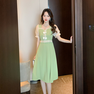 RM13629#夏季新款法式温柔风方领蝴蝶结拼接假两件套连衣裙