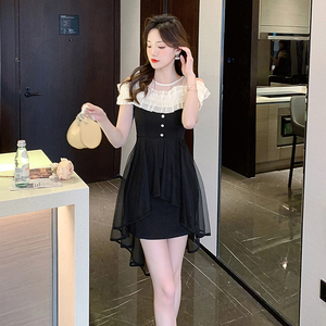 RM13630#新款别致设计小性感网纱显瘦一字露肩黑色不规则连衣裙