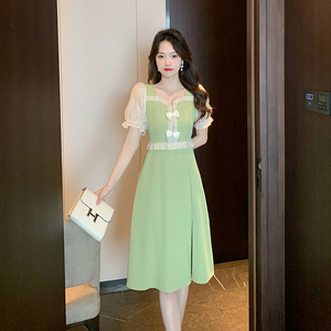 RM13629#夏季新款法式温柔风方领蝴蝶结拼接假两件套连衣裙