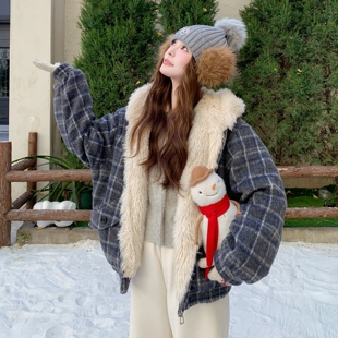 2025冬新款韩系格子大毛领90白鸭绒绒羽绒服7855-P350-K528