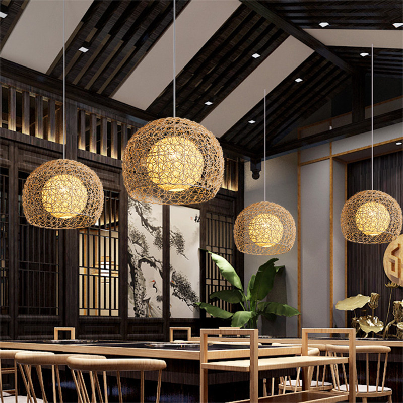 日式吊灯简约创意个性藤编田园茶室卧室客厅阳台餐厅圆形麻球灯具