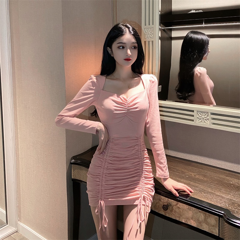 Summer French style 2020 retro palace low cut back pleated crepe wrap hip Long Sleeve Dress