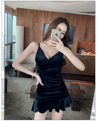 Real shooting night show sling low chest careful machine slim show thin package hip short skirt sexy slim bottom dress