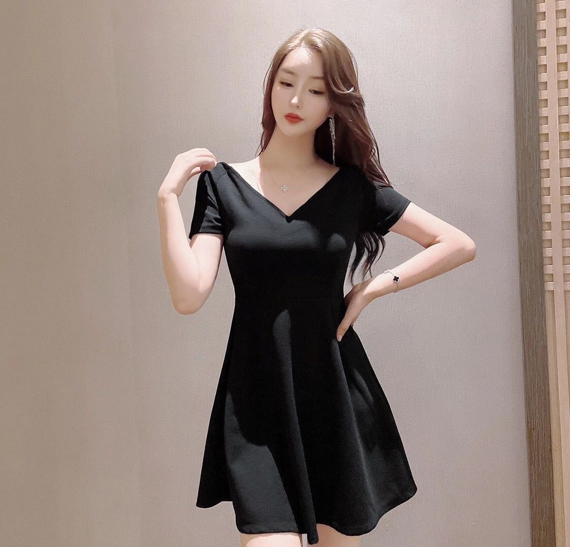 Real photo of little evening dress dress for banqueting ladies' party birthday party one shoulder dress V-neck