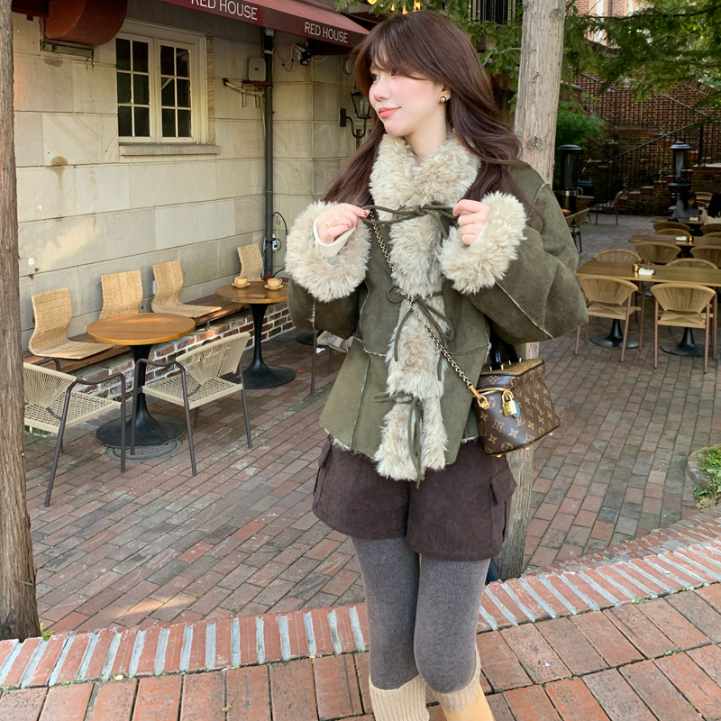 Berry 喜你而欢大庞定制 军绿色翻领麂皮绒毛毛外套复古直筒上衣