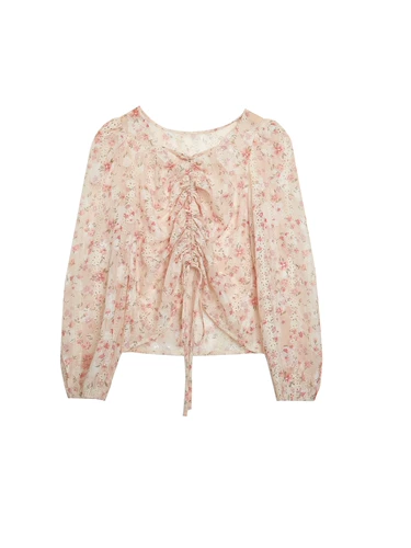 Розовая рубашка, осенняя футболка, делается под заказ, с вышивкой, цветочный принт, V-образный вырез, рукава фонарики