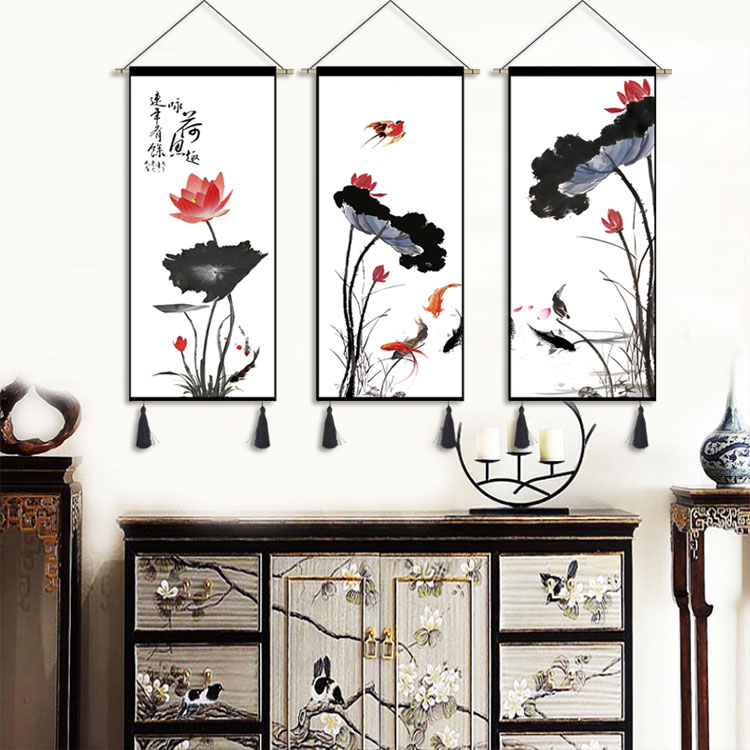 新中式荷花三联装饰画挂布客厅沙发背景墙挂画布艺玄关卧室挂毯图片