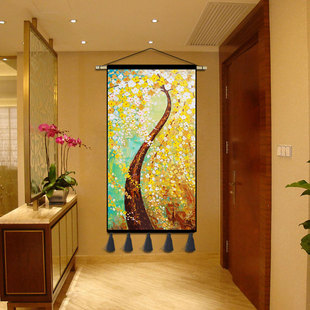 新中式发财树挂画布艺客厅玄关沙发挂毯书房风水壁毯挂布装饰画