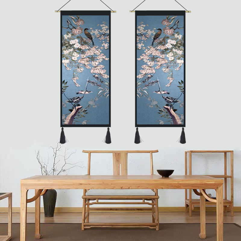 新中式中国风花鸟挂画布艺客厅书房玄关装饰画挂毯沙发背景墙挂布