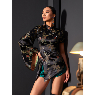 修身 扶郎2024原创 神秘暗黑系不对称甩袖 店 旗袍上衣 独特设计风格