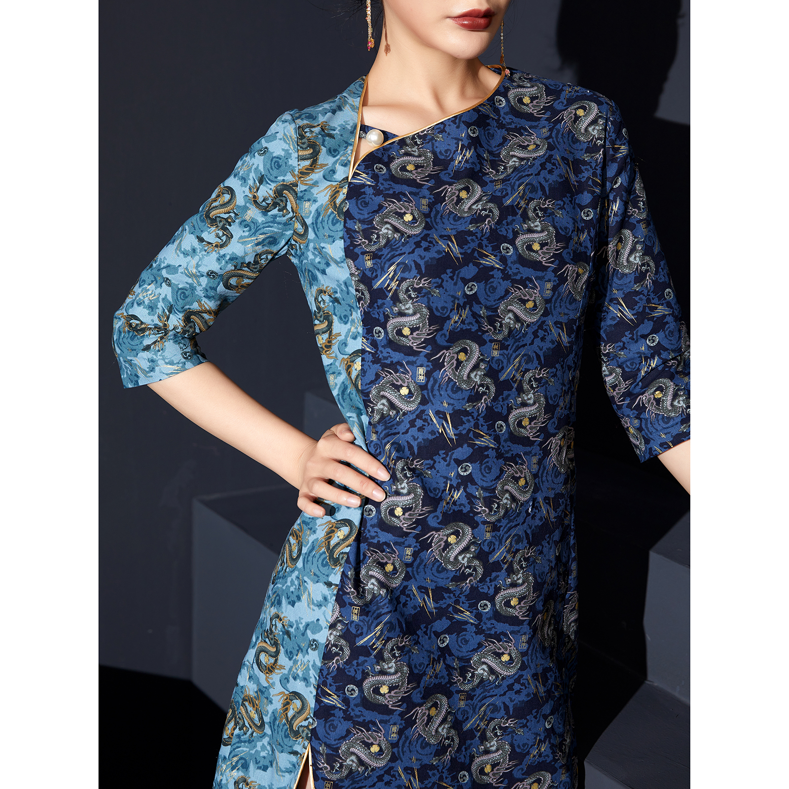 扶郎2022创新中式复古撞色短旗袍