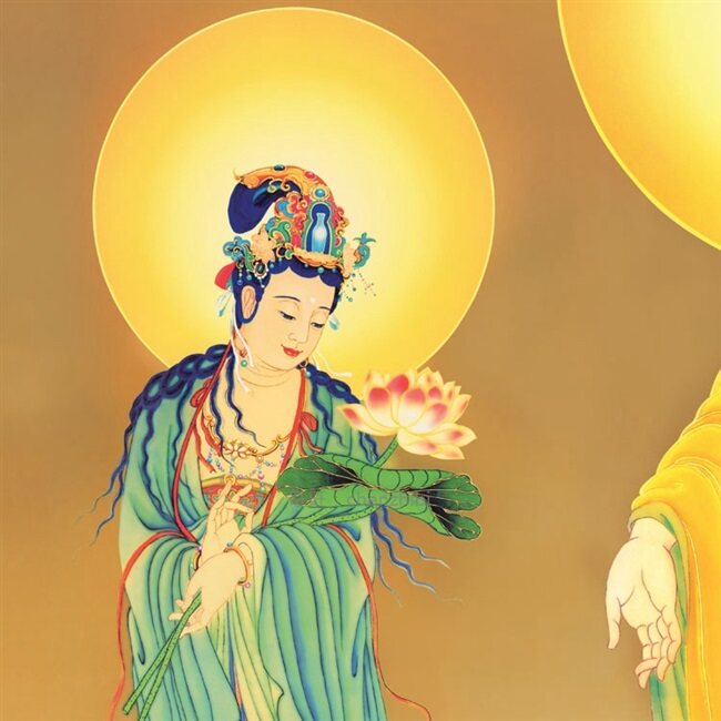 高清西方三圣接引图画像挂画 阿弥陀佛观世音菩萨 佛堂佛像丝绸画