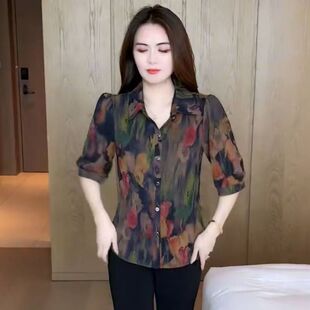 妈妈小衫 夏季 套头洋气宽松肚子薄款 冰丝印花气质衬衫 上衣 新款