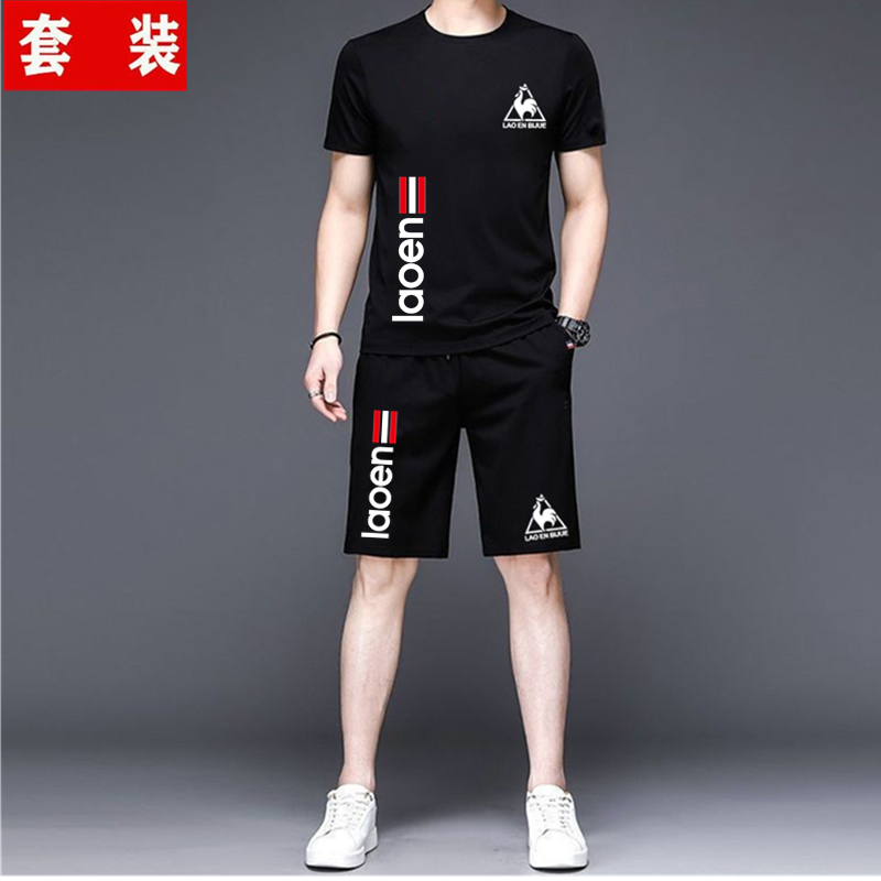 男士夏季大码运动套装圆领纯棉宽松休闲男装短袖短裤健身衣两件套