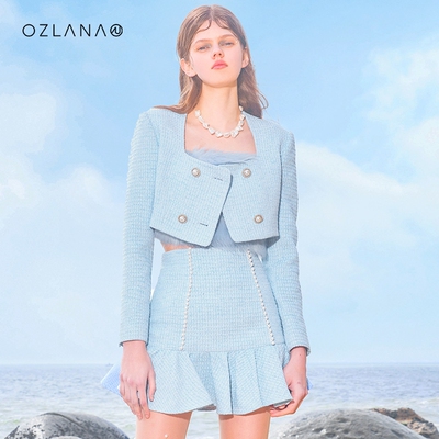 OZLANA花呢套装女显瘦时尚珍珠扣饰冰蓝撞色设计感外套裙子两件套
