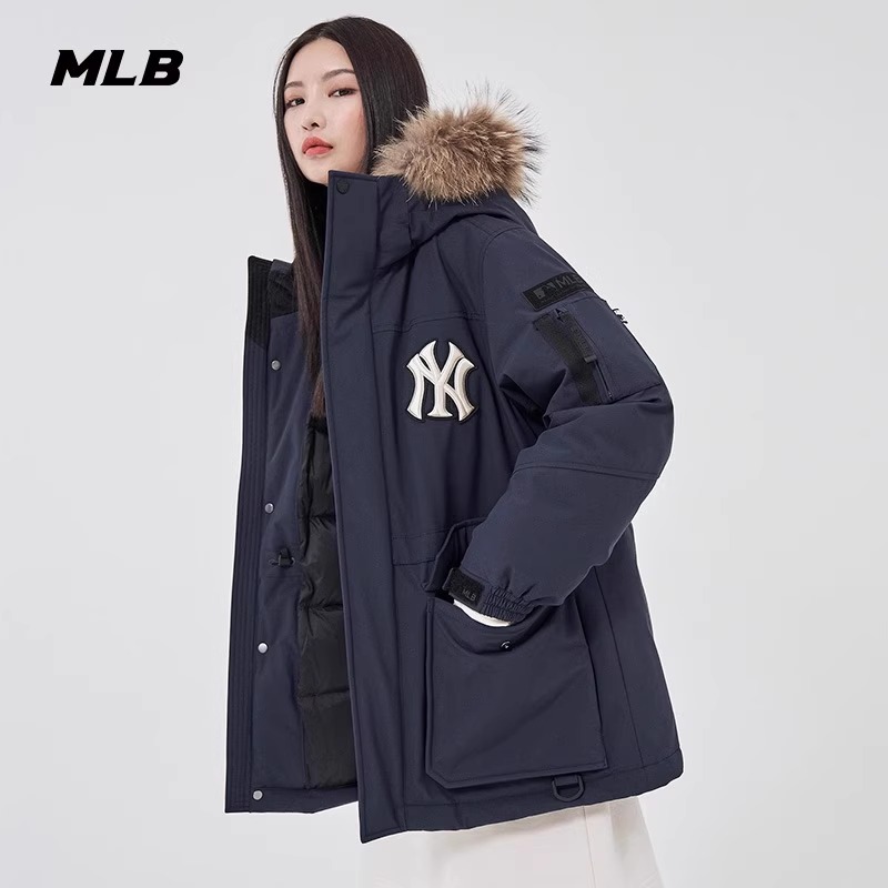 韩国代购MLB男女中长款羽绒服鹅绒保暖大毛领NY连帽工装外套DJJ02