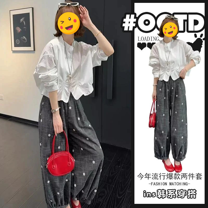时尚小立领褶皱收腰设计显瘦上衣灰色波点休闲阔腿裤秋季两件套女