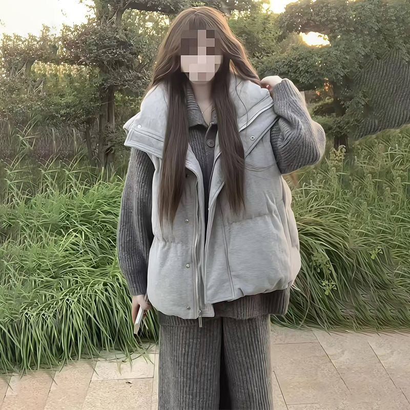 韩系慵懒风复古加厚保暖面包服棉服马甲女+翻领灰色开衫毛衣套装