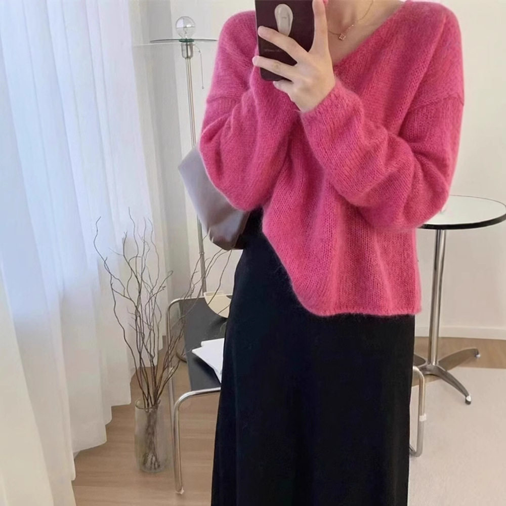 梅子色v领马海毛毛衣女秋冬软糯慵懒内搭针织衫茶里茶气别致上衣