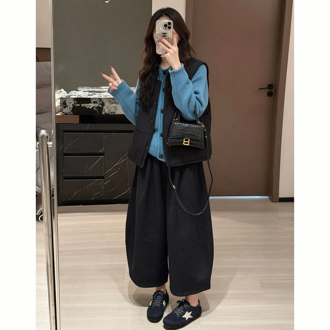 韩系宽松减龄三件套装女2026秋冬新款黑色宽松马甲简约毛衣休闲裤